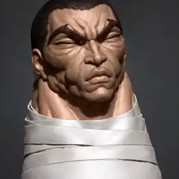 Close-up of bum's frowning face and heavy eyebrows